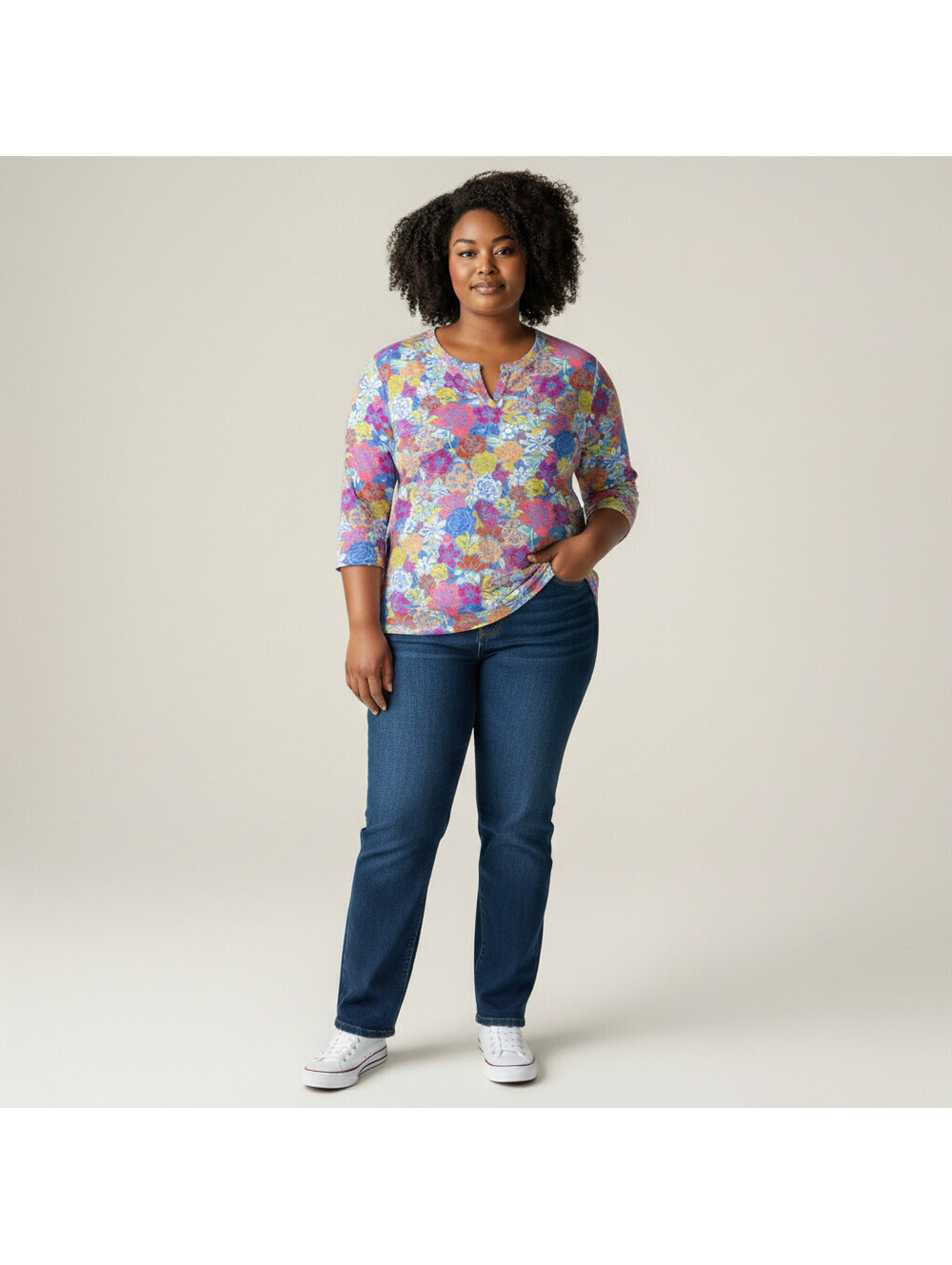Talbots T-Shirt Women XL Blue Floral V-Neck 3/4 Sleeve Cotton Pullover Casual